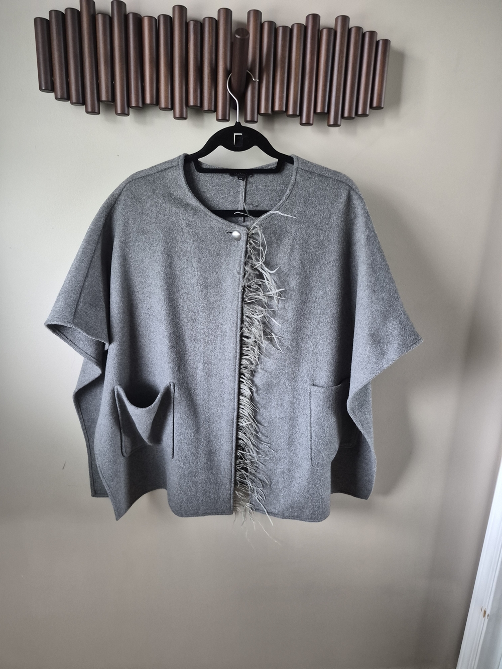 Talbots Gray Feather-Trim Cape Cardigan